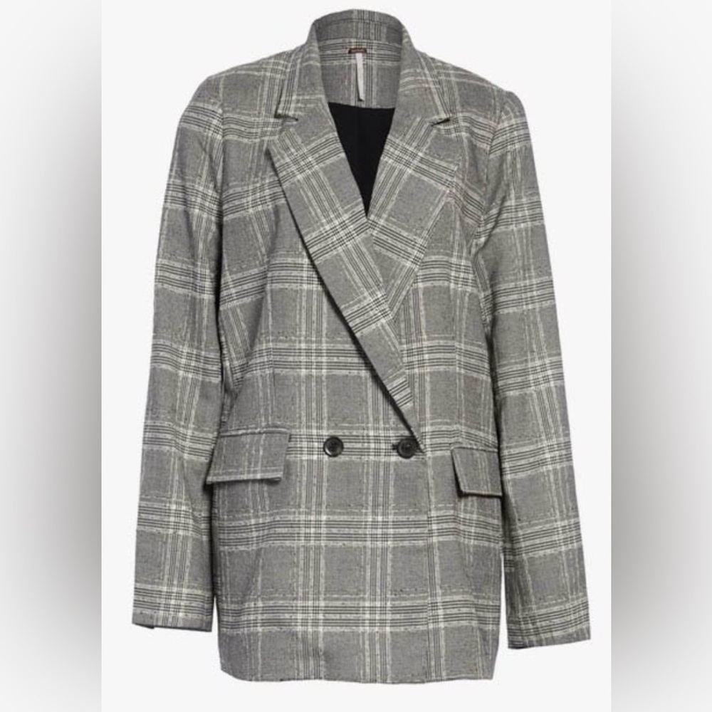 Free People Sporty Oversize Blazer in Grey/Black Plaid Size Large